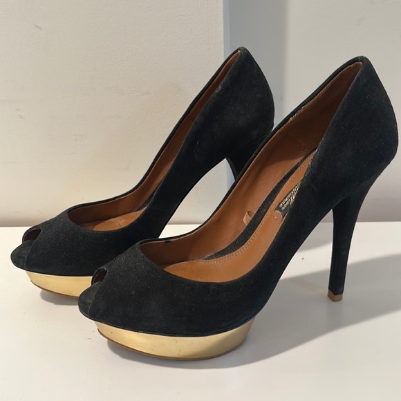 Zara black and gold platform peep toe heels - Picture 1 of 2